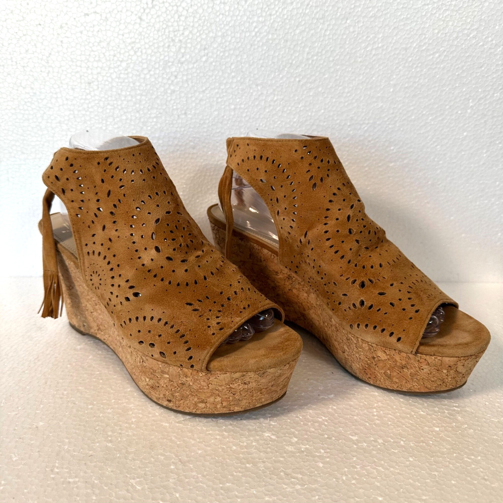 Marc Fisher Stacie Wedged Tassel Tied Sandals Women's 9.5 Brown Cutout Open Toe